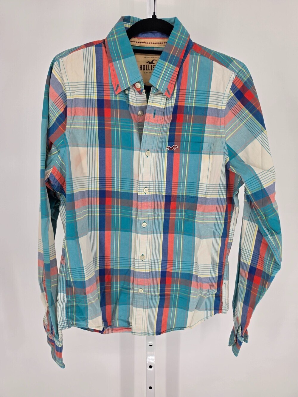 Vtg Y2K Hollister Mens Sz M Long Sleeve Button Up Plaid Shirt Slim Fit Colorful